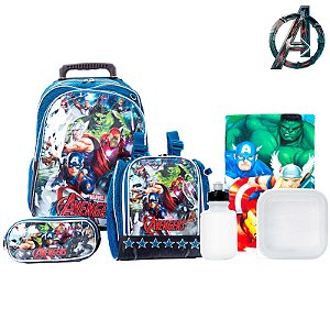 Kit Mochila Infantil Escolar Vingadores Marvel Azul Rodinha