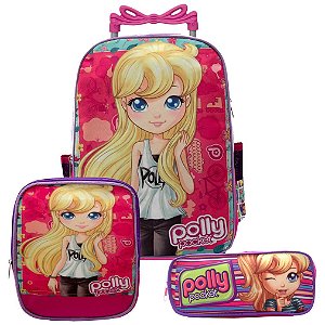 Mochila Menina Infantil Rodinha Polly Pocket com Lancheira