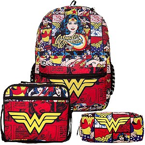 Mochila Feminina Infantil Mulher Maravilha Lancheira Estojo