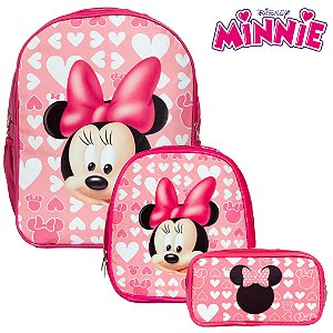 Mochila Menina Infantil Minnie Lancheira Estojo Rosa CR