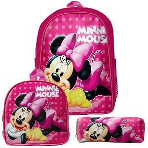 Mochila Menina Infantil Minnie Mouse Costas Lancheira Estojo