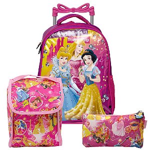 Kit Mochila Escolar Infantil Princesas de Rodinhas