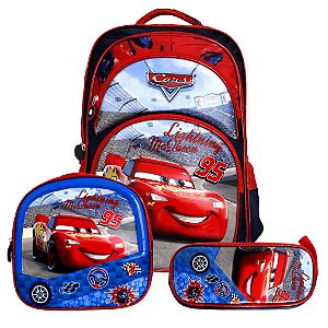 Mochila Masculina Infantil Carros 3D Lancheira Estojo Azul