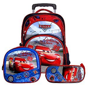 Mochila Infantil Menino Carros 3D Rodinha Lancheira Estojo