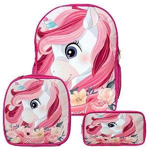 Mochila Menina Infantil Unicórnio Rosa Lancheira Estojo