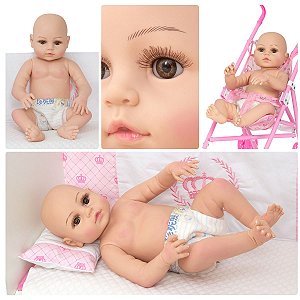 Boneca Bebê Tipo Reborn Pode Dar Banho + Enxoval Completo