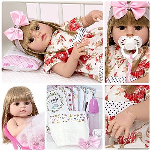 Bebê Tipo Reborn Menina Realista Pode Dar Banho + 13 Itens