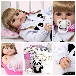 Boneca Reborn Silicone Panda Loira Olhos Castanhos 13 Itens