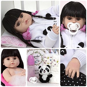 Boneca Reborn Panda Corpo de Silicone 13 Acessórios Morena