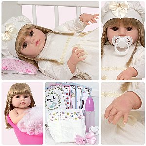 Bebê Reborn Realista Menina Baby Silicone Com Mamadeira em