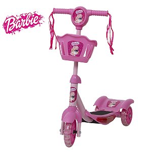 Patinete Infantil Menina Barbie 3 Rodas Cestinha Luzes Led