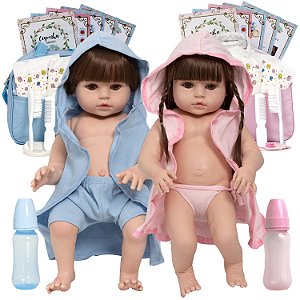 Boneca Reborn Gêmeos Realista Casal Cabelo Castanho + Itens - USA Magazine