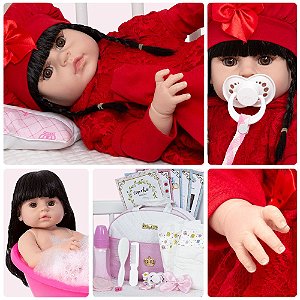 Boneca Bebe Reborn Fofinha Morena Com Bolsa Kit Acessórios em