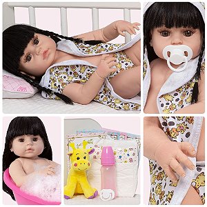 Boneca Reborn Realista Morena Saída de Banho Girafinha Itens