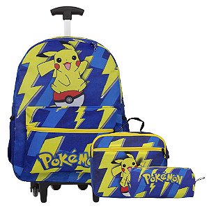 Kit Mochila Infantil Menino de Rodinha Pokémon Juvenil Azul