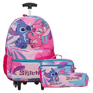 Kit Mochila Escolar Infantil Rodinha Stitch Rosa Juvenil