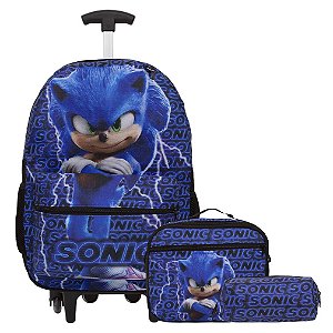 Kit Mochila Infantil Rodinha Sonic Menino Com Lancheira Azul