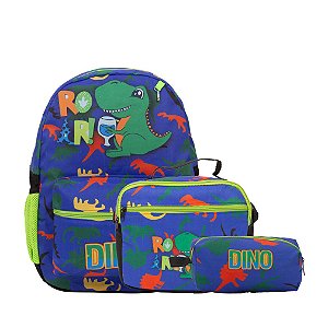 Kit Mochila Infantil Masculina Dino Costas Juvenil Tam M