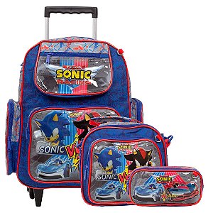 Kit Mochila Infantil Masculina Rodinha Sonic Racing Cor Azul