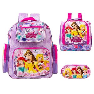 Kit Mochila Infantil Feminina Costas Princesas Tam G Lilás