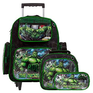 Kit Mochila Infantil Masculina Rodinha Hulk Tam G Cor Preta