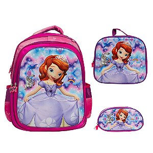 Kit Mochila Infantil Feminina Princesa Sofia 3D Costas Tam G