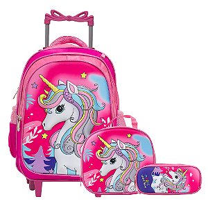 Kit Mochila Infantil Menina Rodinha Unicórnio Colorida 3D