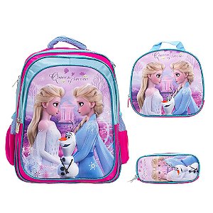 Kit Mochila Infantil Feminina Costas Frozen 3D Com Lancheira