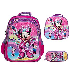 Kit Mochila Infantil Menina Minnie Mouse 3D Com Lancheira