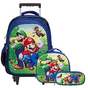 Kit Mochila Infantil Masculina Rodinha Super Mario Bros 3D