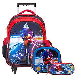 Kit Mochila Infantil Sonic Rodinha 3D Masculina + Lancheira