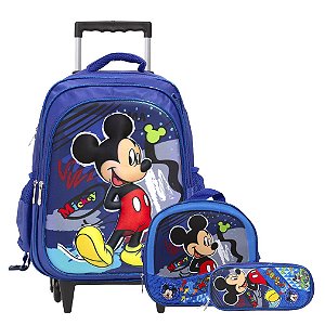 Kit Mochila Infantil De Rodinhas Mickey Mouse 3D Tam G Azul