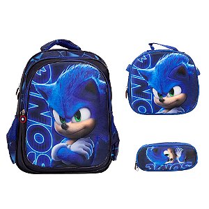 Kit Mochila Infantil Sonic Costas 3D Com Lancheira Estojo