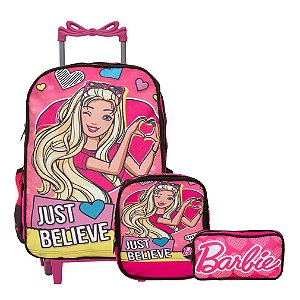Kit Mochila Infantil Feminina Barbie Rodinha Tam G Cor Rosa