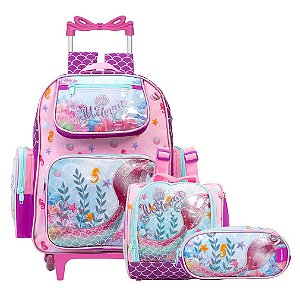 Kit Mochila Infantil Feminina Sereia Rodinhas Passeio Creche