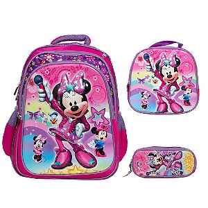 Kit Mochila Infantil Feminina Minnie Mouse 3D Com Lancheira