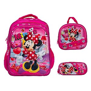 Kit Mochila Infantil Minnie Mouse Costas 3D Lancheira Rosa