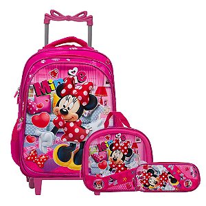 Kit Mochila Infantil Minnie Rodinhas 3D Com Lancheira Rosa