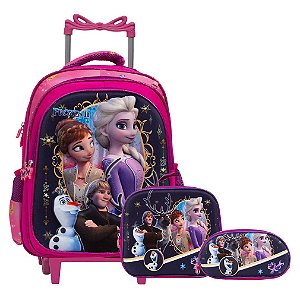 Kit Mochila Escolar Rodinhas Frozen 3D Com Lancheira Rosa