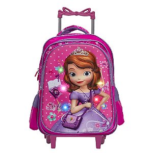 Mochila Infantil Menina Rodinha Princesa Sofia Led 3D Rosa