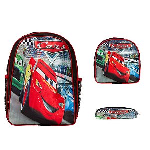 Kit Mochila Infantil Masculina Carros Costa Reforçada Tam G