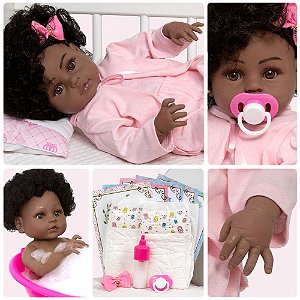 Boneca Reborn Bebê Realista Negra Pijama Roupão 13 Itens