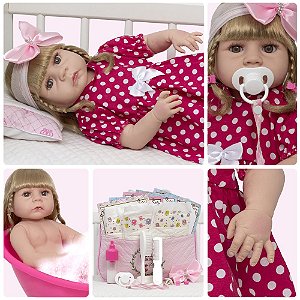 Boneca Reborn Menina Realista Loira Vestido Bolinha 20 Itens