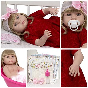 Boneca Bebê Reborn Loira Linda Vestido De Renda Kit 13 Itens