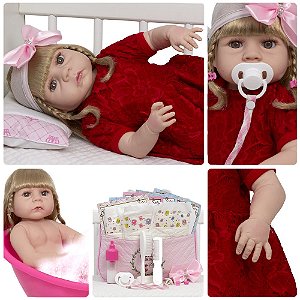Bebê Reborn Realista Menina Loira Vestido Vermelho 20 Itens