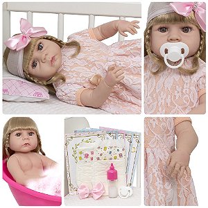 Boneca Reborn Menina Loira Fofinha Vestido Renda 13 Itens
