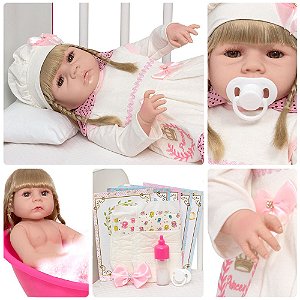Boneca Reborn Bebê Loira Realista Fofinha Enxoval 13 Itens
