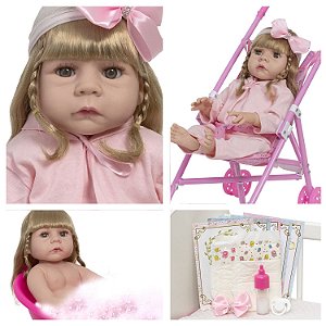 Boneca Reborn Menina Fofa Realista Com Carrinho Infantil