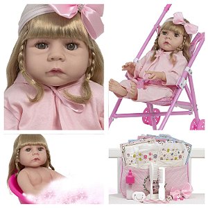 Boneca Bebê Reborn Realista Loira Enxoval Bolsa Carrinho
