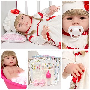 Boneca Bebê Reborn Loira Realista Vestido Vermelho 13 Itens